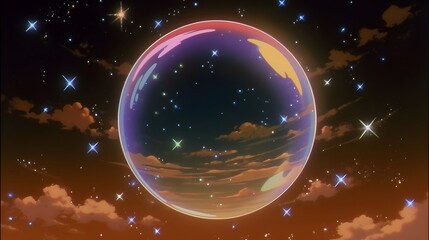 Wall Mural - a shimmering, glass-like planet orbiting a dying sun, 90s anime, generative ai