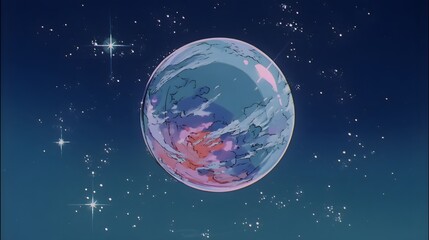Wall Mural - a shimmering, glass-like planet orbiting a dying sun, 90s anime, generative ai