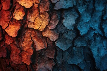 Aufkleber - Close-up of tree bark, half illuminated in warm orange and cool blue tones, showcasing intricate texture and contrasting colors.