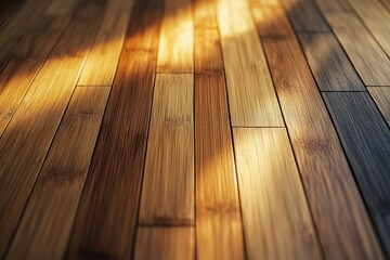 Fototapete - Sunlit bamboo flooring, warm golden hues, natural wood texture, elegant design.