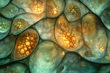 Poster - Abstract microscopic image showcasing intricate cellular structures with glowing, interconnected compartments.