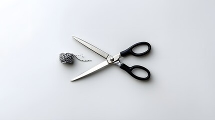Poster - A pair of sleek stainless steel scissors with black handles neatly arranged on a plain white background in a minimalist flatlay composition
