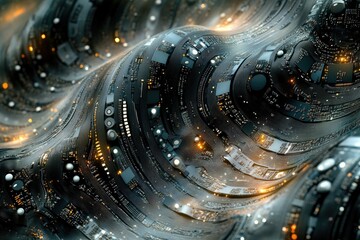 Aufkleber - Abstract depiction of a futuristic, wavy circuit board, glowing with internal lights, suggesting technological advancement.