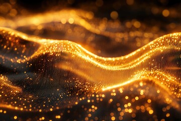 Poster - Golden glittering particles form flowing waves, creating a luxurious and abstract background.