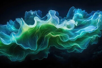 Aufkleber - Abstract artwork depicting flowing, luminous teal and green waves against a dark background.