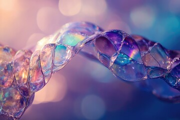 Leinwandbilder - A mesmerizing close-up of iridescent soap bubbles forming a unique abstract shape against a bokeh background.
