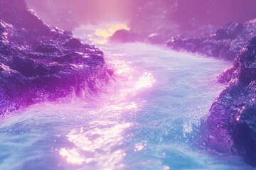 Aufkleber - Glowing purple and blue water flows between mystical rocks, a serene and ethereal scene.