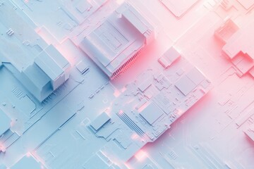 Poster - Abstract 3D rendering of a futuristic circuit board, showcasing intricate details and pastel colors.
