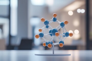 Poster - A molecular model sits on a table in a modern office, representing scientific research and innovation.