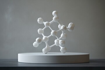 Leinwandbilder - Abstract white molecular structure model on a pedestal, representing scientific research and innovation.