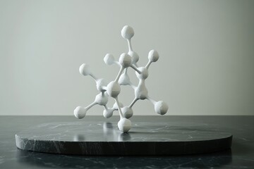 Fototapete - A 3D model of a molecule, possibly representing a chemical compound or scientific concept, rests on a dark marble base.