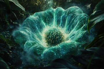 Poster - A bioluminescent, otherworldly flower glows in a dark, lush jungle, radiating ethereal light.