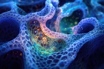 Fototapete - Abstract fractal artwork depicting a vibrant, bioluminescent, porous, and cavernous structure.