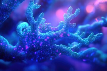 Leinwandbilder - Microscopic view of a complex, branching biological structure, glowing with vibrant blue and purple hues.