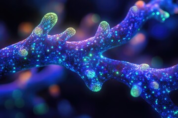Leinwandbilder - Microscopic view of a vibrant, bioluminescent organism, exhibiting intricate branching structures and glowing particles.