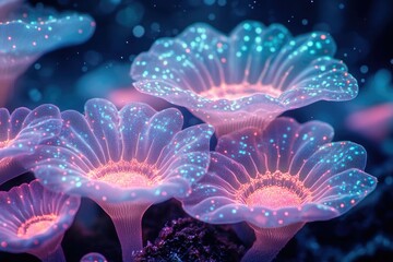 Aufkleber - Glowing bioluminescent flowers illuminate a dark, mystical underwater scene.
