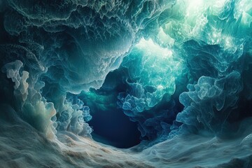 Wall Mural - An ethereal underwater cavern, glowing with teal and turquoise light, resembles an otherworldly landscape.