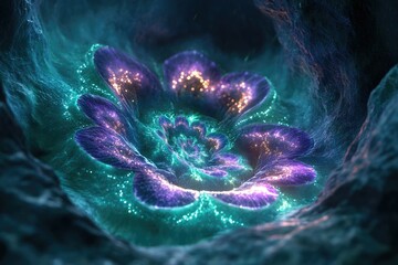 Poster - Glowing fractal flower blossoms in a dark, cavernous environment, showcasing intricate details and vibrant colors.