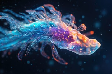 Poster - A mesmerizing microscopic organism, vibrant with blue and orange hues, displays intricate, flowing structures.