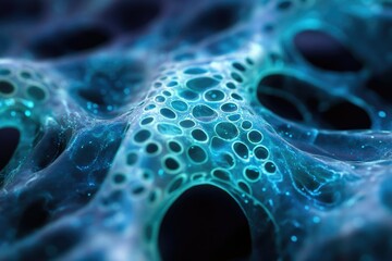 Poster - Abstract close-up of a bioluminescent, porous, network structure resembling a cellular or neural system.