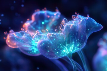 Poster - Glowing bioluminescent flowers, abstract digital art, vibrant colors, ethereal beauty.