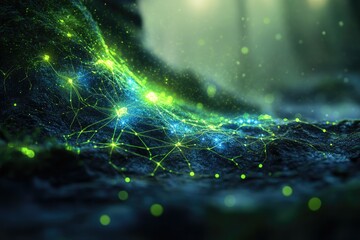 Aufkleber - Glowing network of nodes and connections on a dark, textured surface, resembling a neural network or digital landscape.