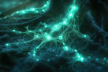 Poster - Glowing teal neural network, intricate web-like structure of interconnected nodes, abstract representation of brain or nervous system.