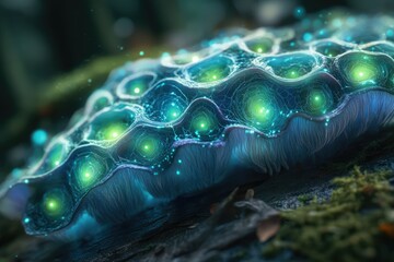 Poster - Bio-luminescent mushroom with intricate network glowing in dark forest.
