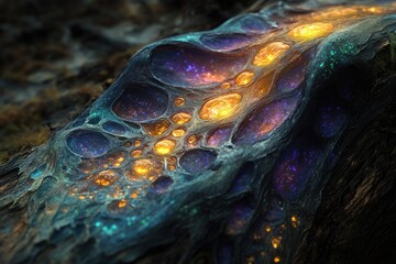 Poster - Alien landscape with glowing, pulsating veins of gold and purple cosmic energy flowing through a dark, textured surface.