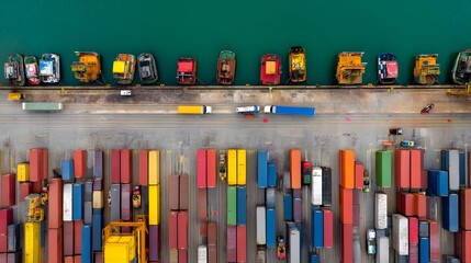 Fototapete - Aerial perspective of a bustling shipping port with stacks of multicolored cargo containers being loaded and unloaded showcasing the scale and efficiency of global logistics and distribution