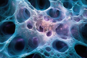 Poster - Abstract image depicting a complex network of interconnected structures resembling a porous, organic material.