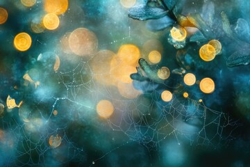 Poster - Dew-kissed spiderweb glistening in the mystical, bokeh-filled twilight.