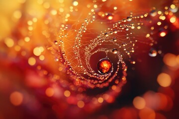 Poster - A dew-kissed spiderweb, glowing with warm autumnal hues, captures the beauty of nature's intricate details.