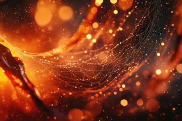 Poster - A dew-kissed spiderweb glows with an ethereal, fiery orange light against a bokeh backdrop.