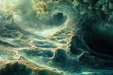 Poster - A surreal, ethereal landscape with a wave-like structure resembling a tree, creating a dreamlike, otherworldly scene.