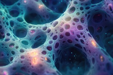 Fototapete - Abstract digital art depicting a vibrant, intricate network of interconnected nodes resembling a neural network or cosmic structure.