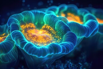 Wall Mural - Vibrant blue and orange coral, glowing with bioluminescence, underwater scene.