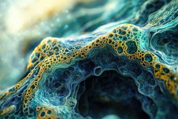 Poster - Abstract fractal art depicting a mesmerizing, cavernous landscape with teal and gold textures.