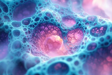 Fototapete - Abstract image depicting a vibrant, porous, bioluminescent structure resembling a cellular network or alien landscape.