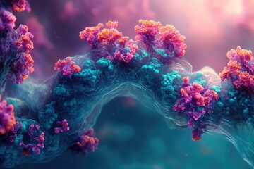 Poster - Abstract microscopic image depicting a vibrant, intricate network of coral-like structures in teal and pink hues.