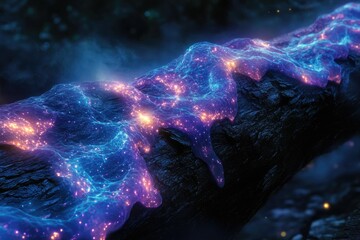 glowing bioluminescent substance flows over dark, damp log at night, creating a magical, ethereal sc