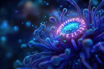 Leinwandbilder - Microscopic view of a vibrant, bioluminescent organism with intricate, tentacle-like structures.