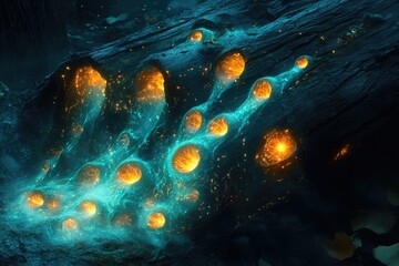 Poster - Glowing orbs pulsate within a dark, cavernous log, creating a surreal, otherworldly scene.