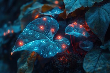Poster - Glowing bioluminescent leaves in a dark forest, mystical and surreal.