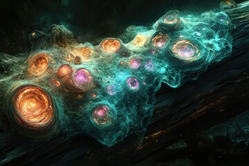 Poster - Glowing, ethereal formations resembling glowing orbs on a dark, textured log, creating a surreal, otherworldly scene.