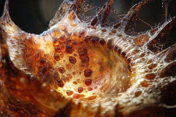 Poster - Abstract close-up of a translucent, amber-colored substance with bubble-like formations, resembling a geological formation or resin.