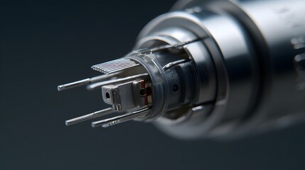 Aufkleber - Close up shot of a metallic coaxial cable connector revealing the internal pin and detailed metal components for power and signal transmission