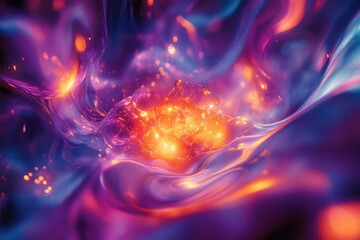 Fototapete - Abstract digital art depicting a vibrant, glowing orange mass nestled within swirling purple and blue liquid.