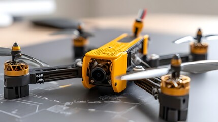 Fototapete - Close up view of a 3D printed drone with custom made mechanical parts and electronic components