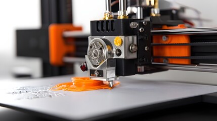 Fototapete - Close up view of a 3D printer extruder head depositing orange plastic filament on a white background